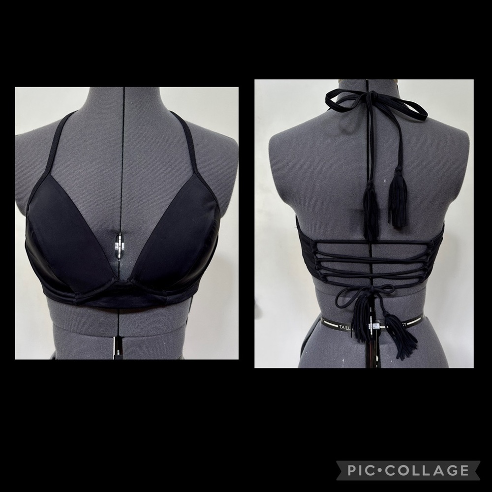 COCO RAVE LADIES BLACK SWIMSUIT BIKINI TOP STRAPPY TASSELS ADJUSTABLE M 34C UW